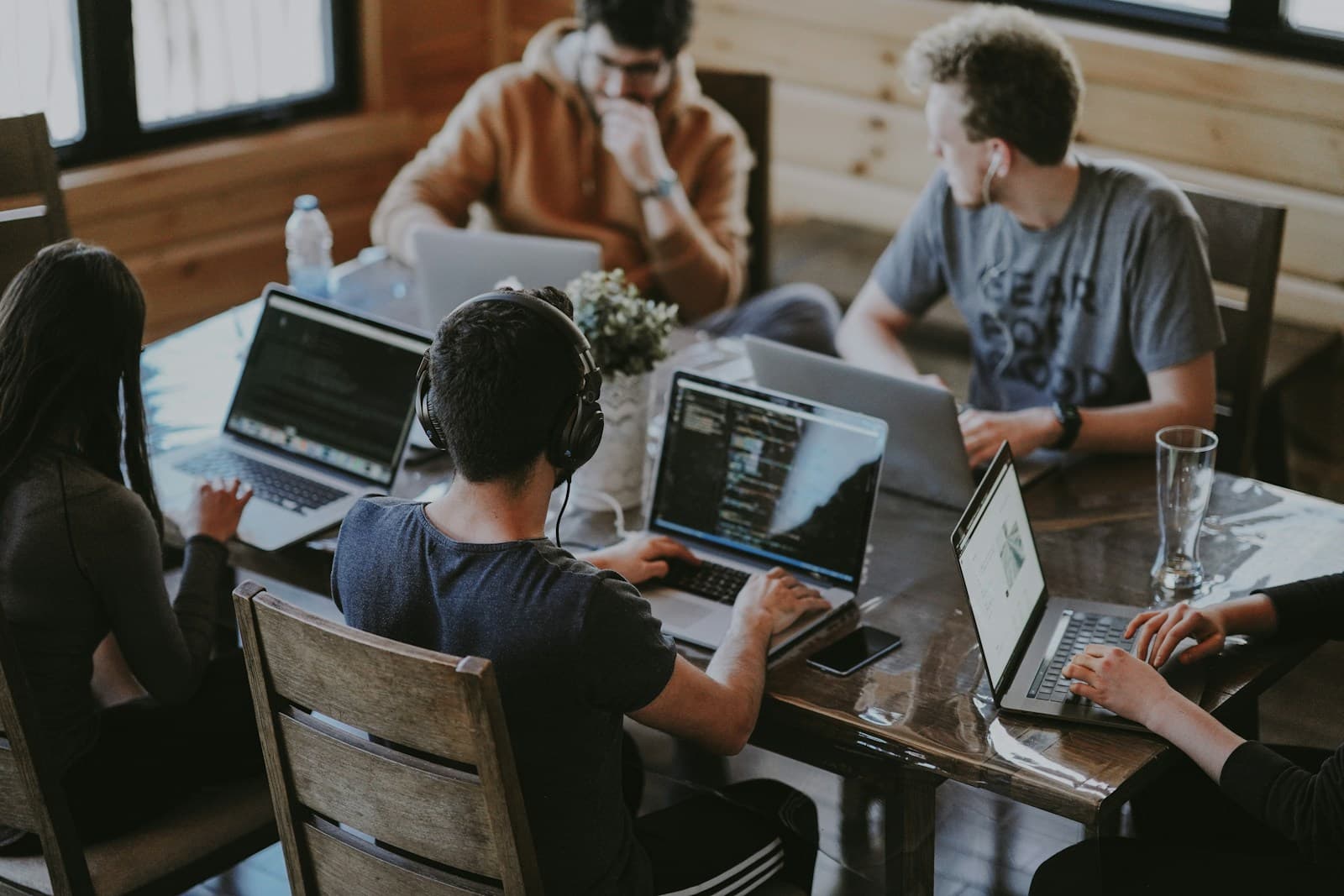 A business team collaborating around a table